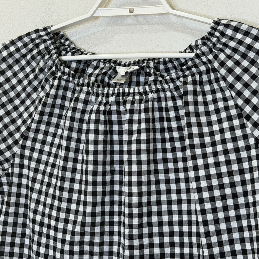 CJ Banks Peasant Top 1X Black Gingham Check 3/4 Sleeve Elastic Boat Neck Cotton - Picture 2 of 8